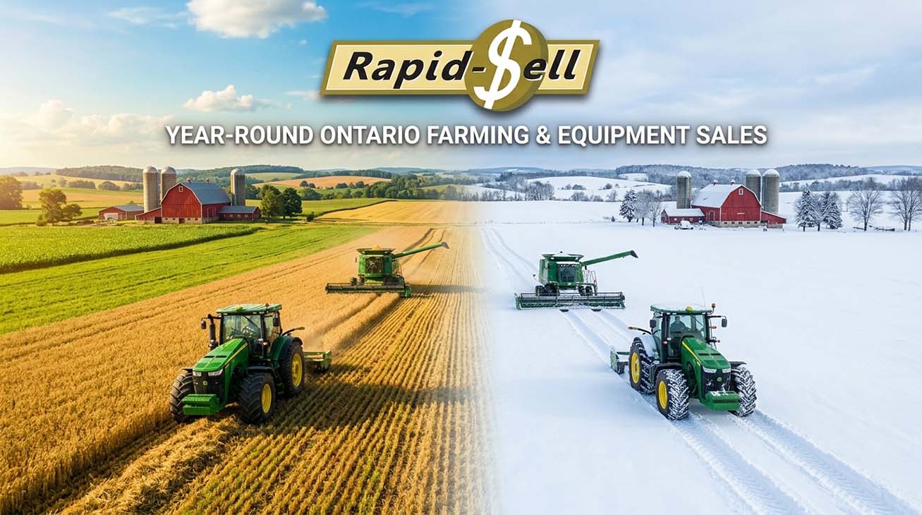 Split-screen comparison showing farm equipment auctions in summer harvest and winter snow across Ontario Canada