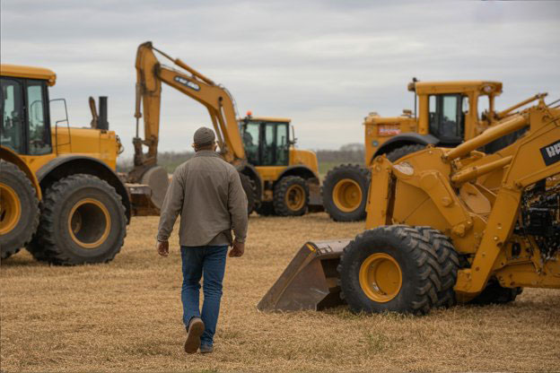 Heavy equipment lined up at an online equipment auction