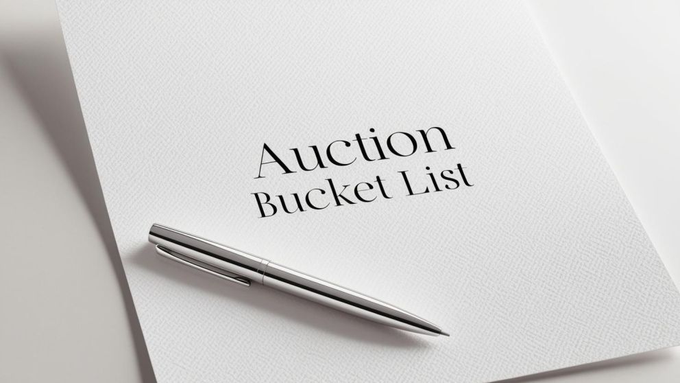 A modern piece of paper with the words auction bucket list and a modern pen beside it