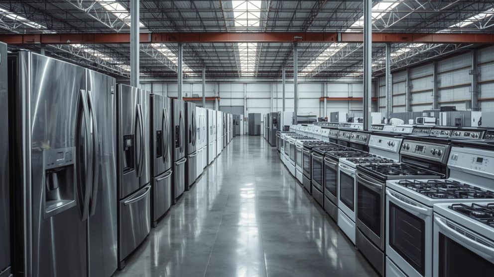Appliance auction in a nice light-filled warehouse with new refrigerators and ovens